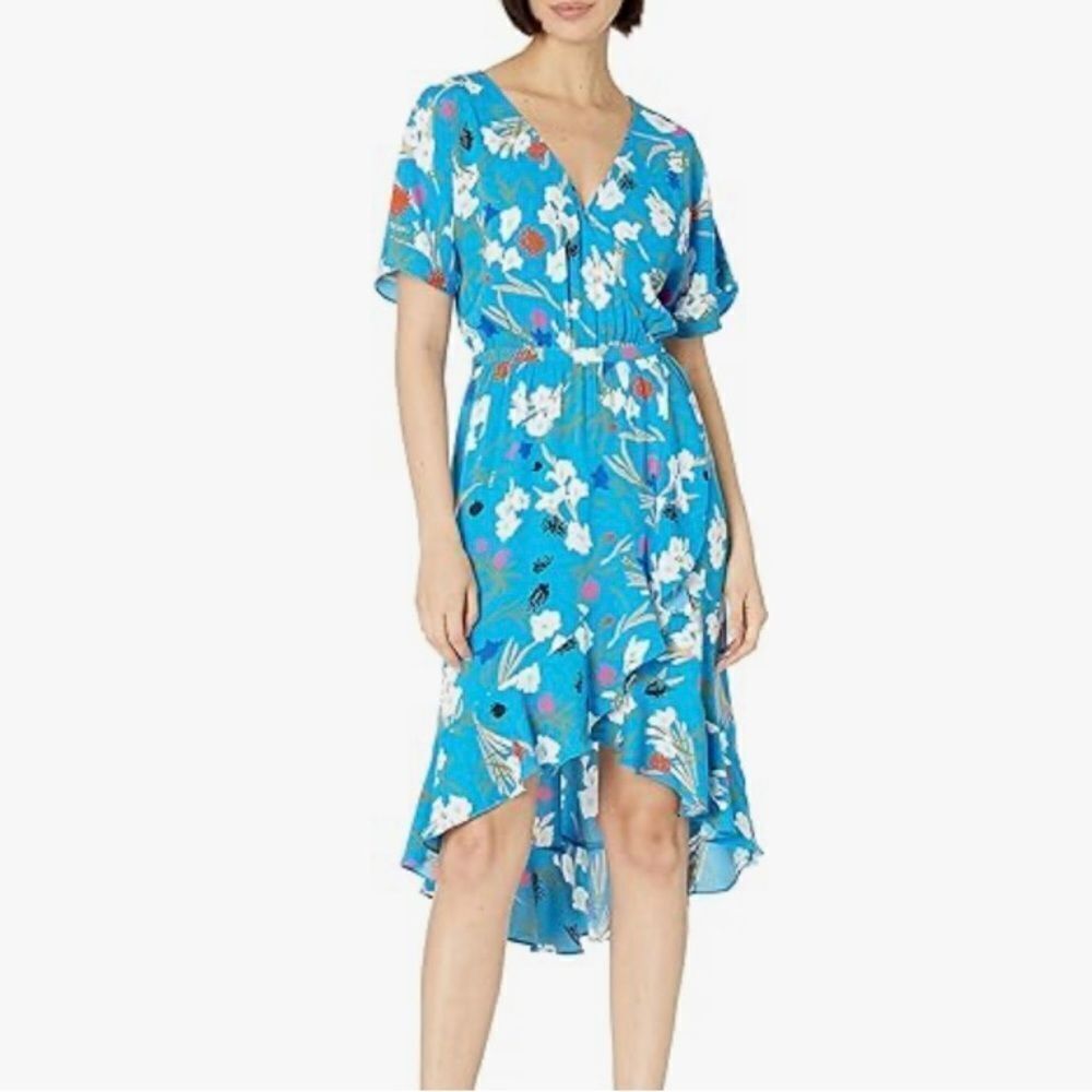 J. Crew Mercantile Women turquoise Floral Ruffle High-Low Faux Wrap Dress Sz S